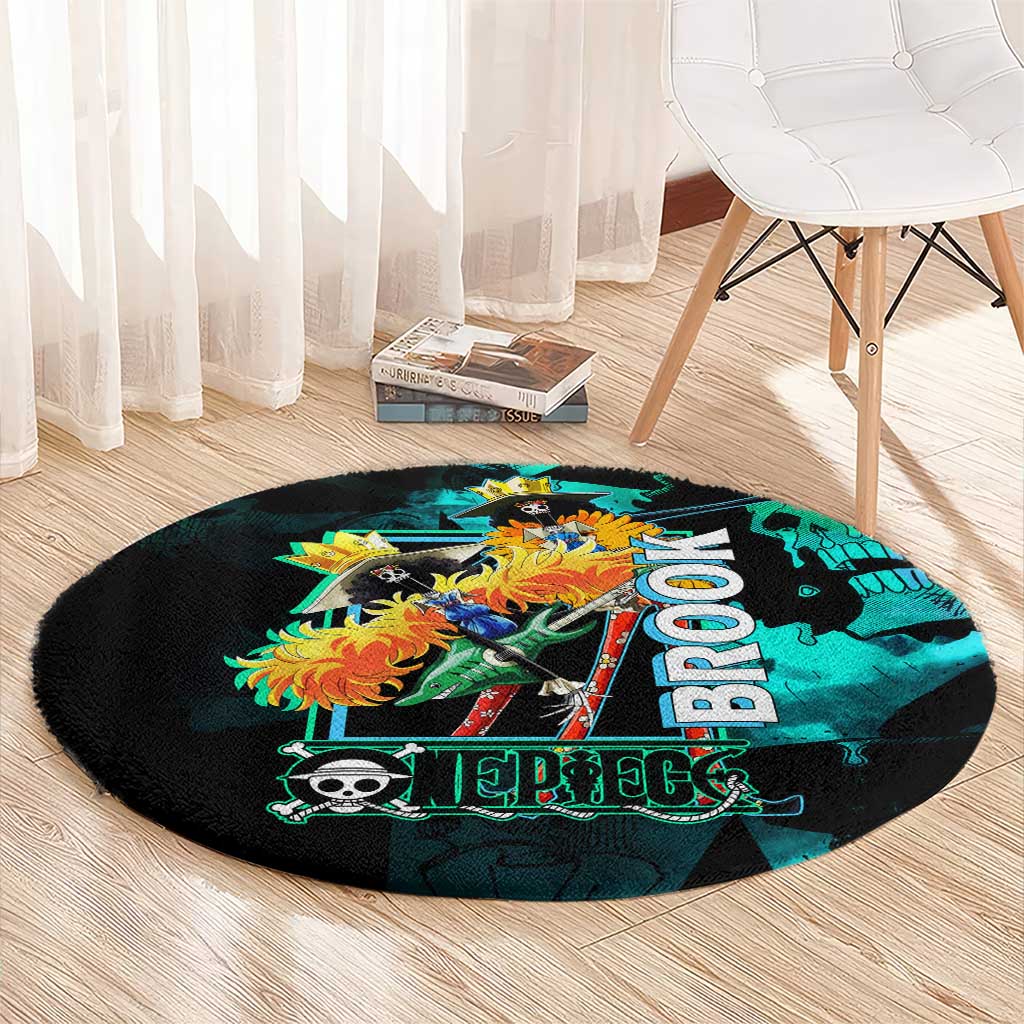 Brook One Piece Green and Black Theme Round Carpet with Soul King Guitar and Skeleton Jolly Roger Design - The Mazicc