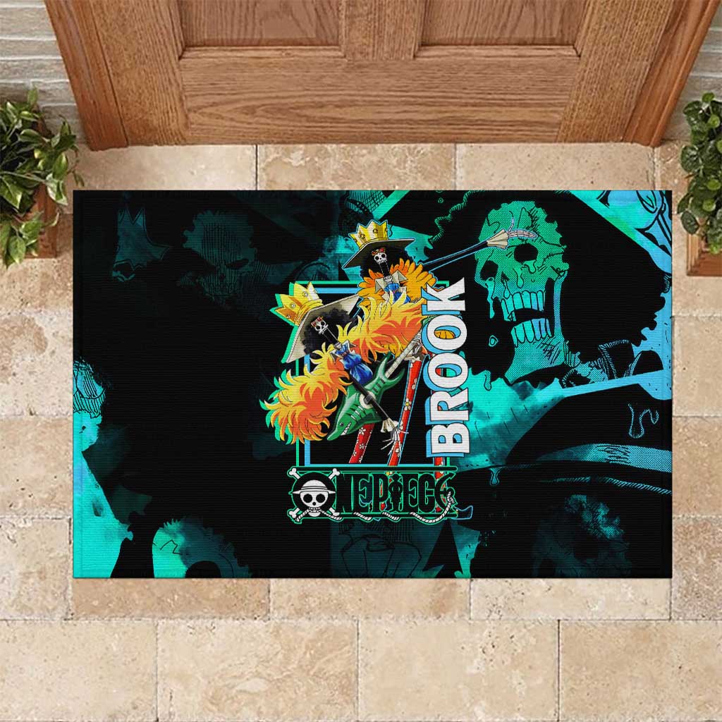 Brook One Piece Green and Black Theme Rubber Doormat with Soul King Guitar and Skeleton Jolly Roger Design - The Mazicc