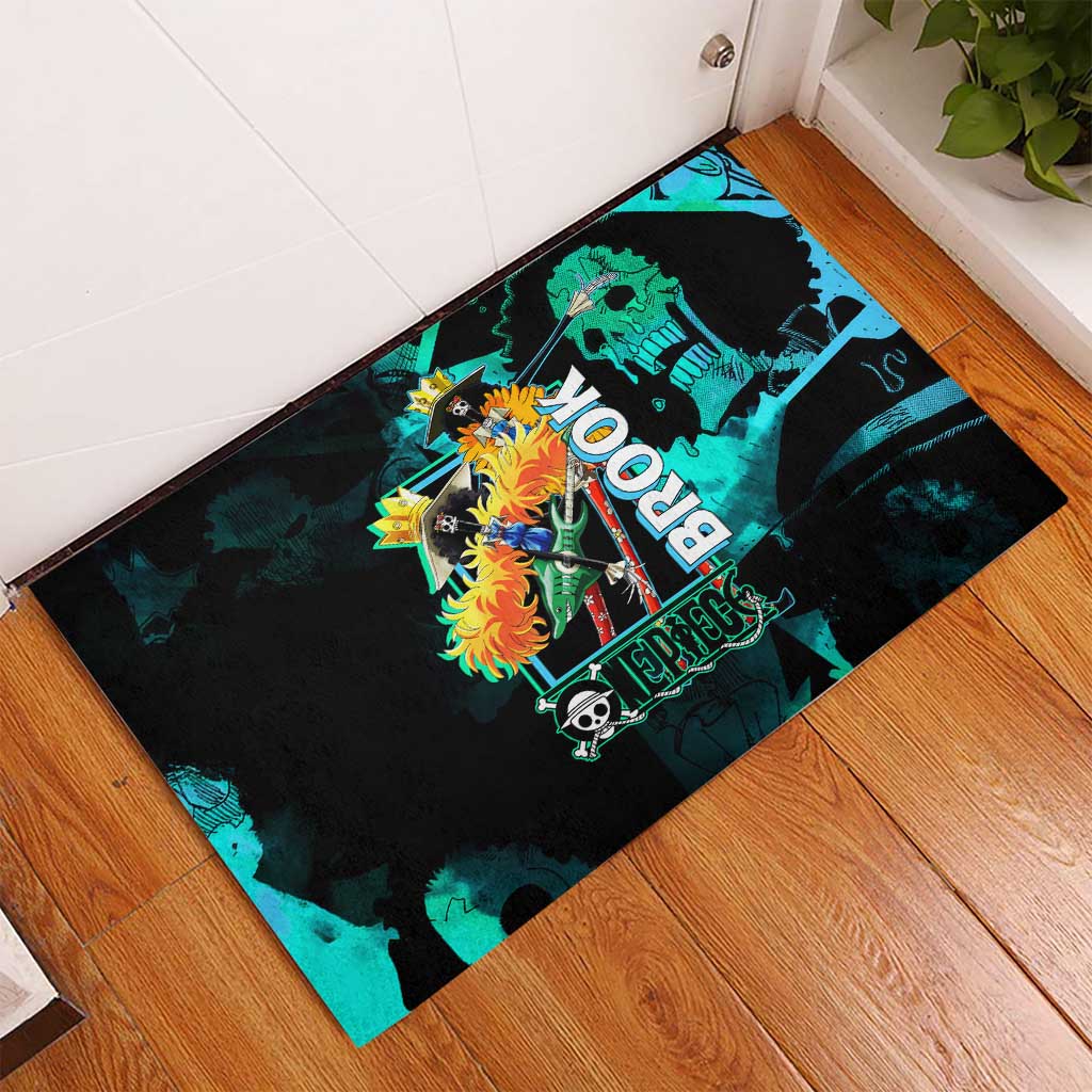 Brook One Piece Green and Black Theme Rubber Doormat with Soul King Guitar and Skeleton Jolly Roger Design - The Mazicc