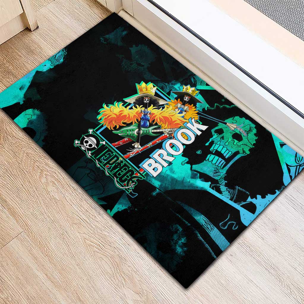 Brook One Piece Green and Black Theme Rubber Doormat with Soul King Guitar and Skeleton Jolly Roger Design - The Mazicc