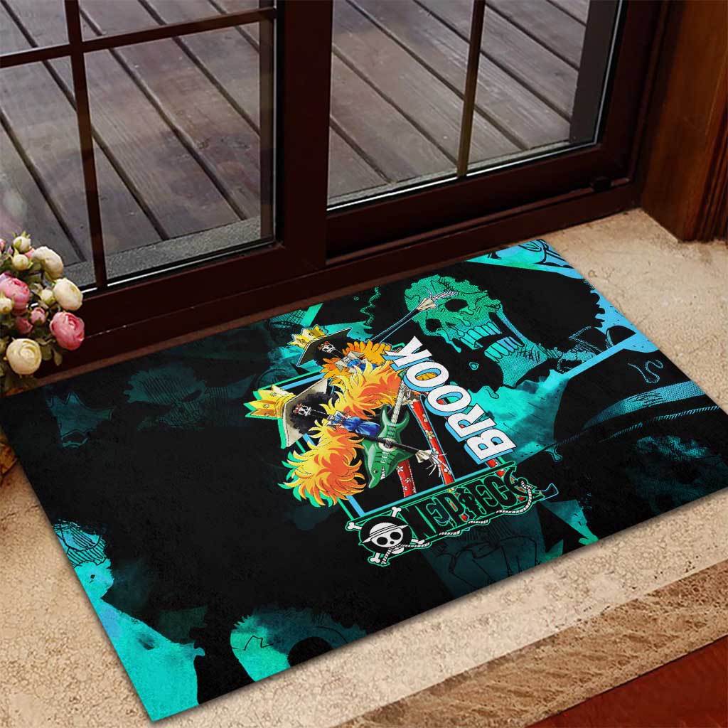 Brook One Piece Green and Black Theme Rubber Doormat with Soul King Guitar and Skeleton Jolly Roger Design - The Mazicc