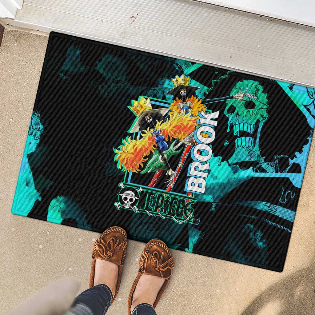 Brook One Piece Green and Black Theme Rubber Doormat with Soul King Guitar and Skeleton Jolly Roger Design - The Mazicc
