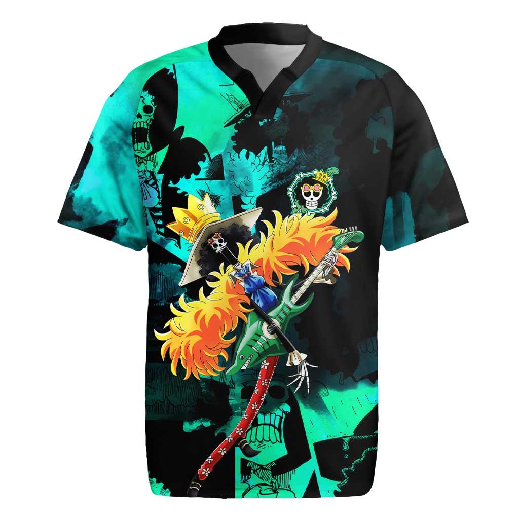 Brook One Piece Green and Black Theme Rugby Jersey with Soul King Guitar and Skeleton Jolly Roger Design - The Mazicc