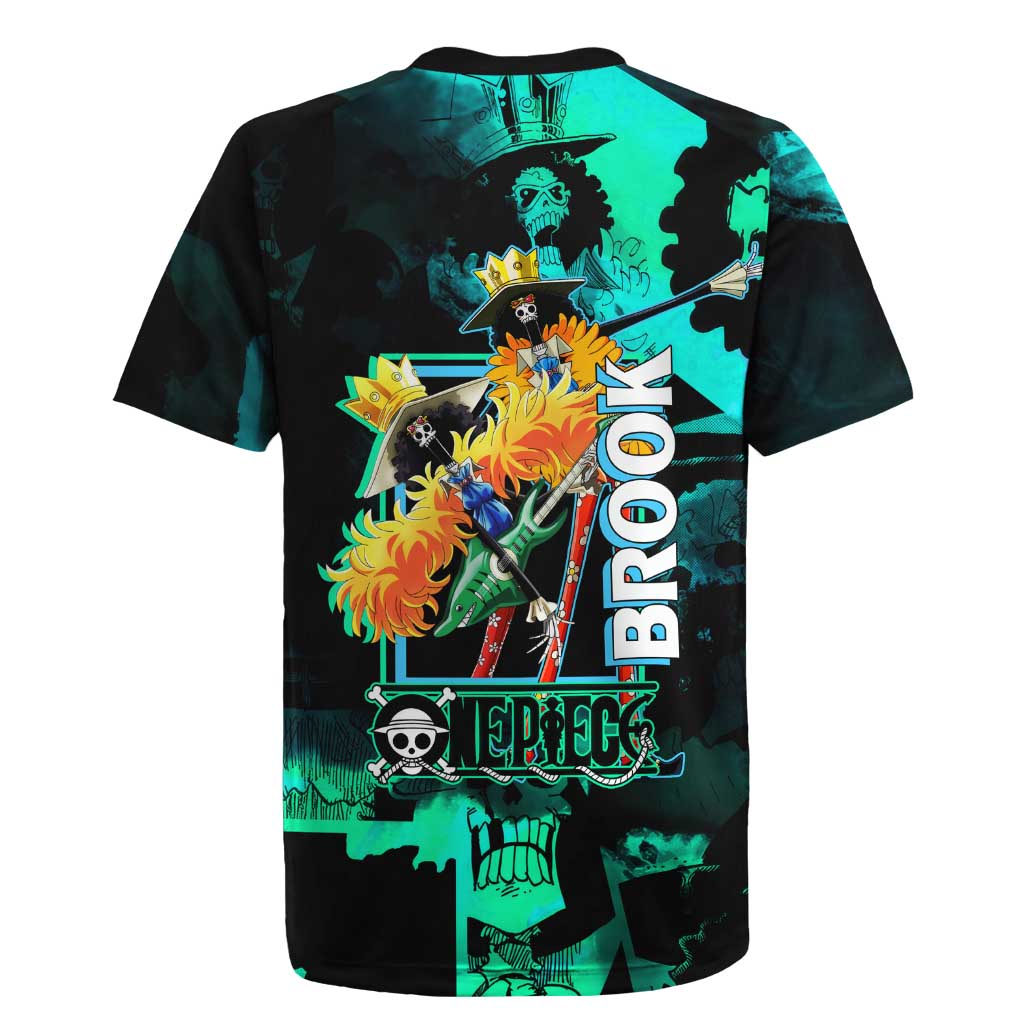 Brook One Piece Green and Black Theme Rugby Jersey with Soul King Guitar and Skeleton Jolly Roger Design - The Mazicc