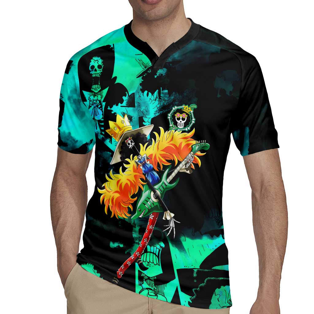 Brook One Piece Green and Black Theme Rugby Jersey with Soul King Guitar and Skeleton Jolly Roger Design - The Mazicc