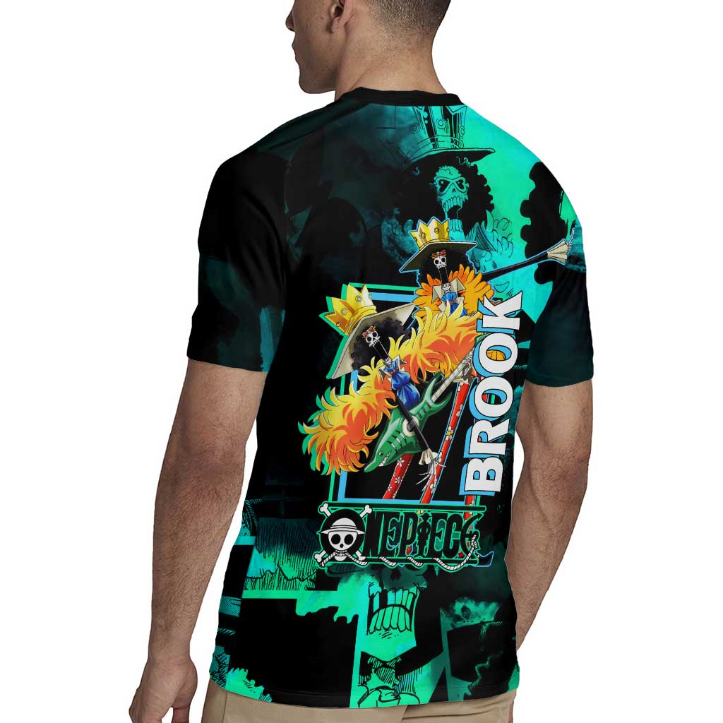 Brook One Piece Green and Black Theme Rugby Jersey with Soul King Guitar and Skeleton Jolly Roger Design - The Mazicc