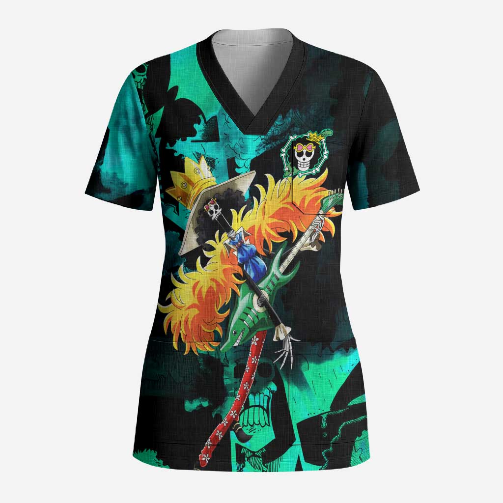 Brook One Piece Green and Black Theme Scrub Top with Soul King Guitar and Skeleton Jolly Roger Design - The Mazicc