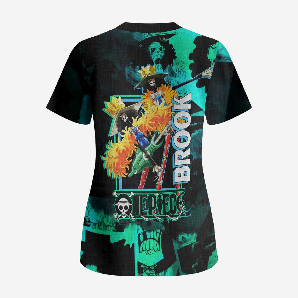 Brook One Piece Green and Black Theme Scrub Top with Soul King Guitar and Skeleton Jolly Roger Design - The Mazicc