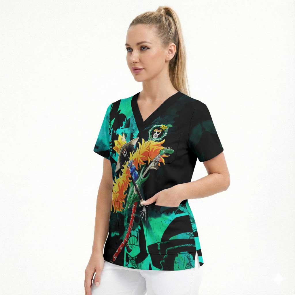 Brook One Piece Green and Black Theme Scrub Top with Soul King Guitar and Skeleton Jolly Roger Design - The Mazicc