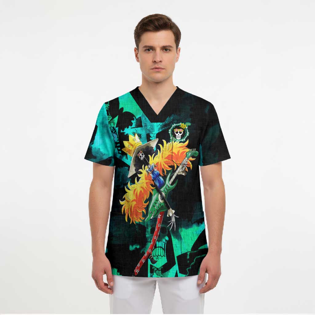 Brook One Piece Green and Black Theme Scrub Top with Soul King Guitar and Skeleton Jolly Roger Design - The Mazicc