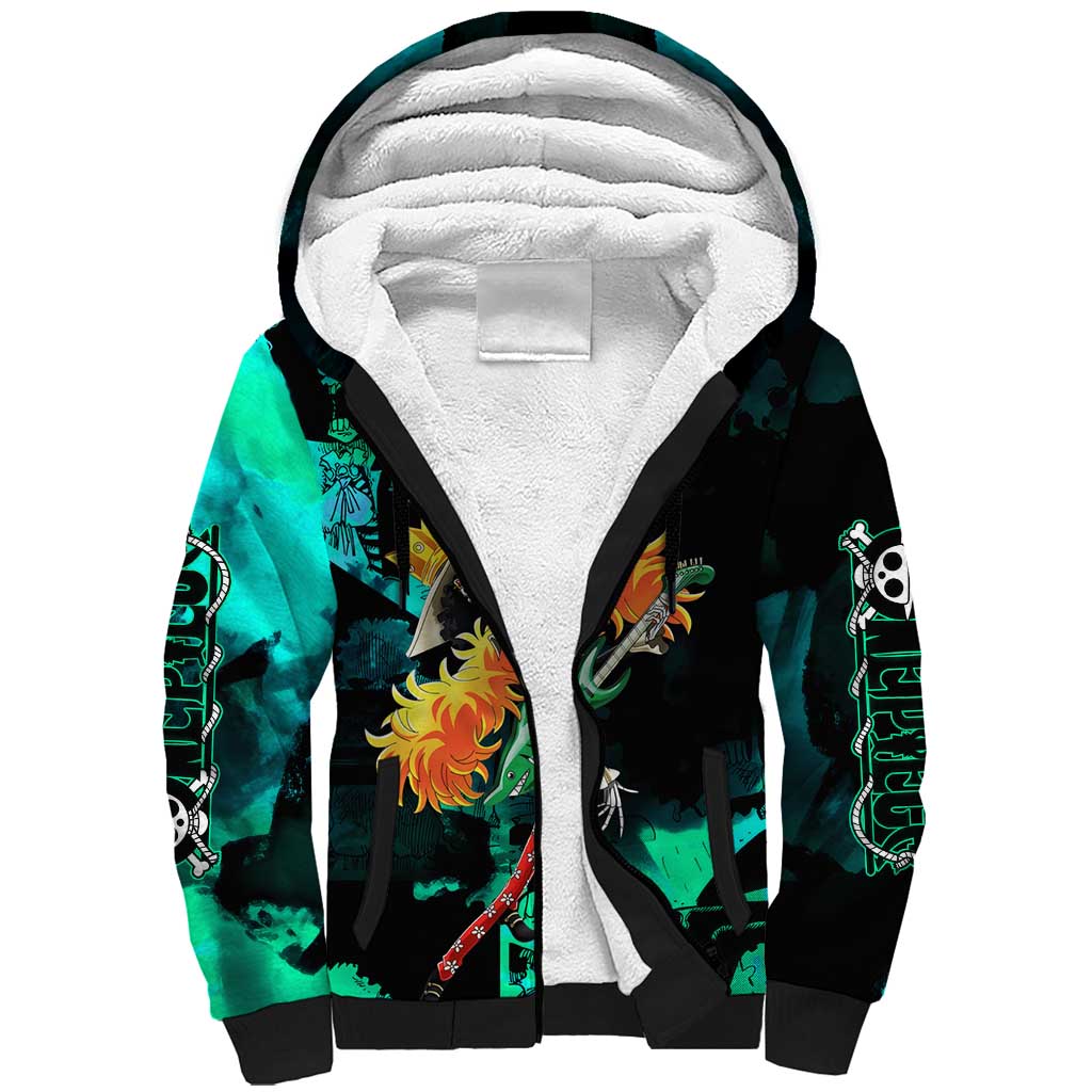 Brook One Piece Green and Black Theme Sherpa Hoodie with Soul King Guitar and Skeleton Jolly Roger Design - The Mazicc