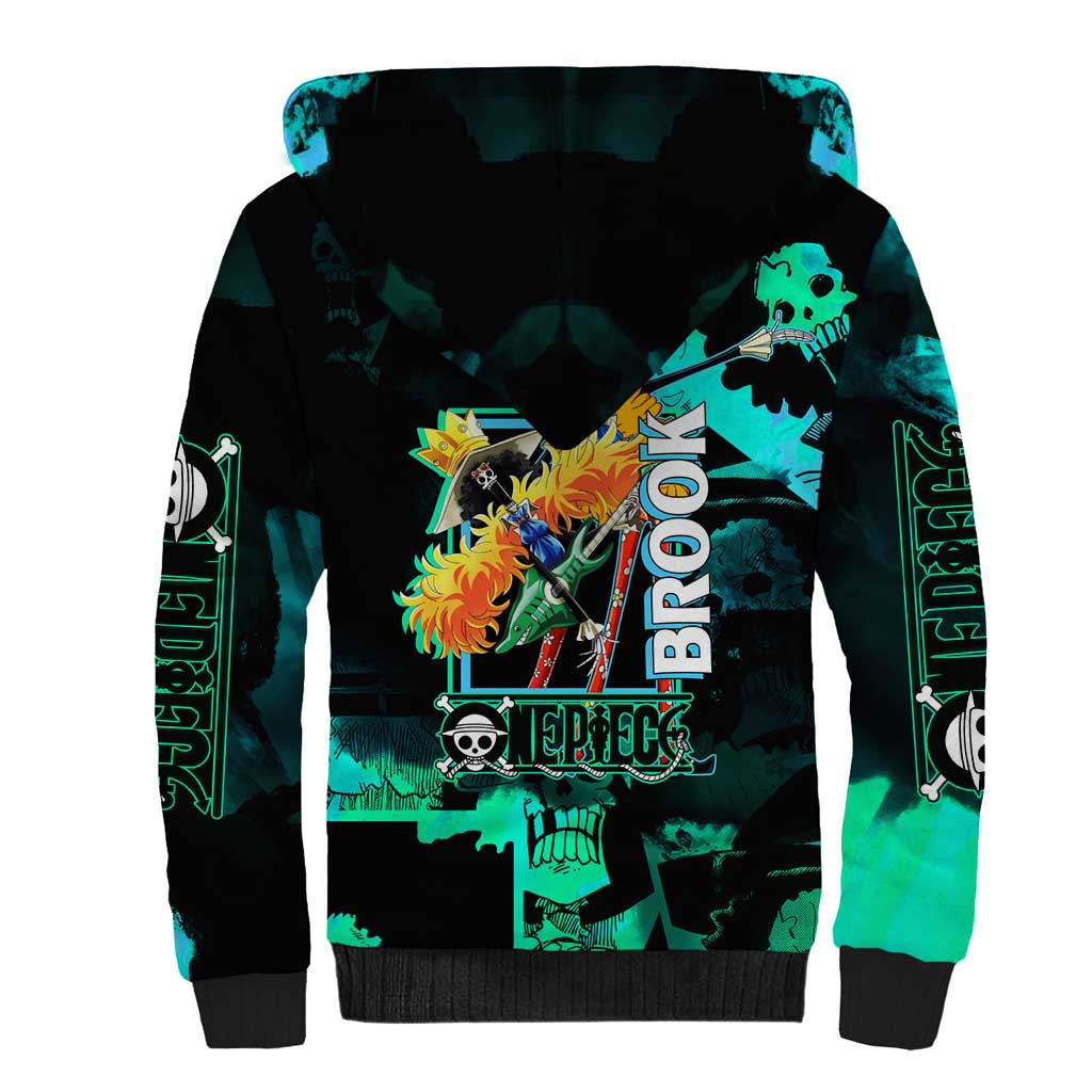 Brook One Piece Green and Black Theme Sherpa Hoodie with Soul King Guitar and Skeleton Jolly Roger Design - The Mazicc