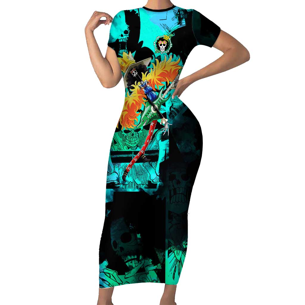 Brook One Piece Green and Black Theme Short Sleeve Bodycon Dress with Soul King Guitar and Skeleton Jolly Roger Design - The Mazicc