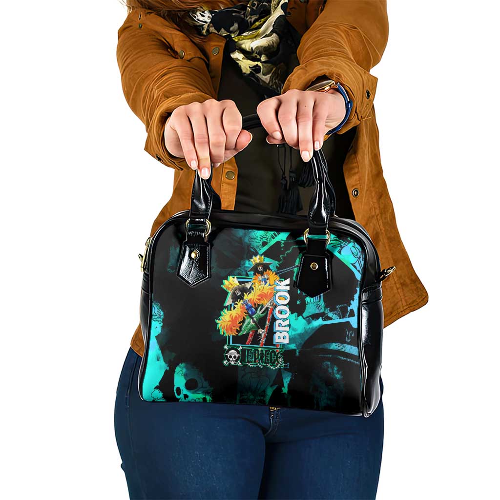 Brook One Piece Green and Black Theme Shoulder Handbag with Soul King Guitar and Skeleton Jolly Roger Design - The Mazicc