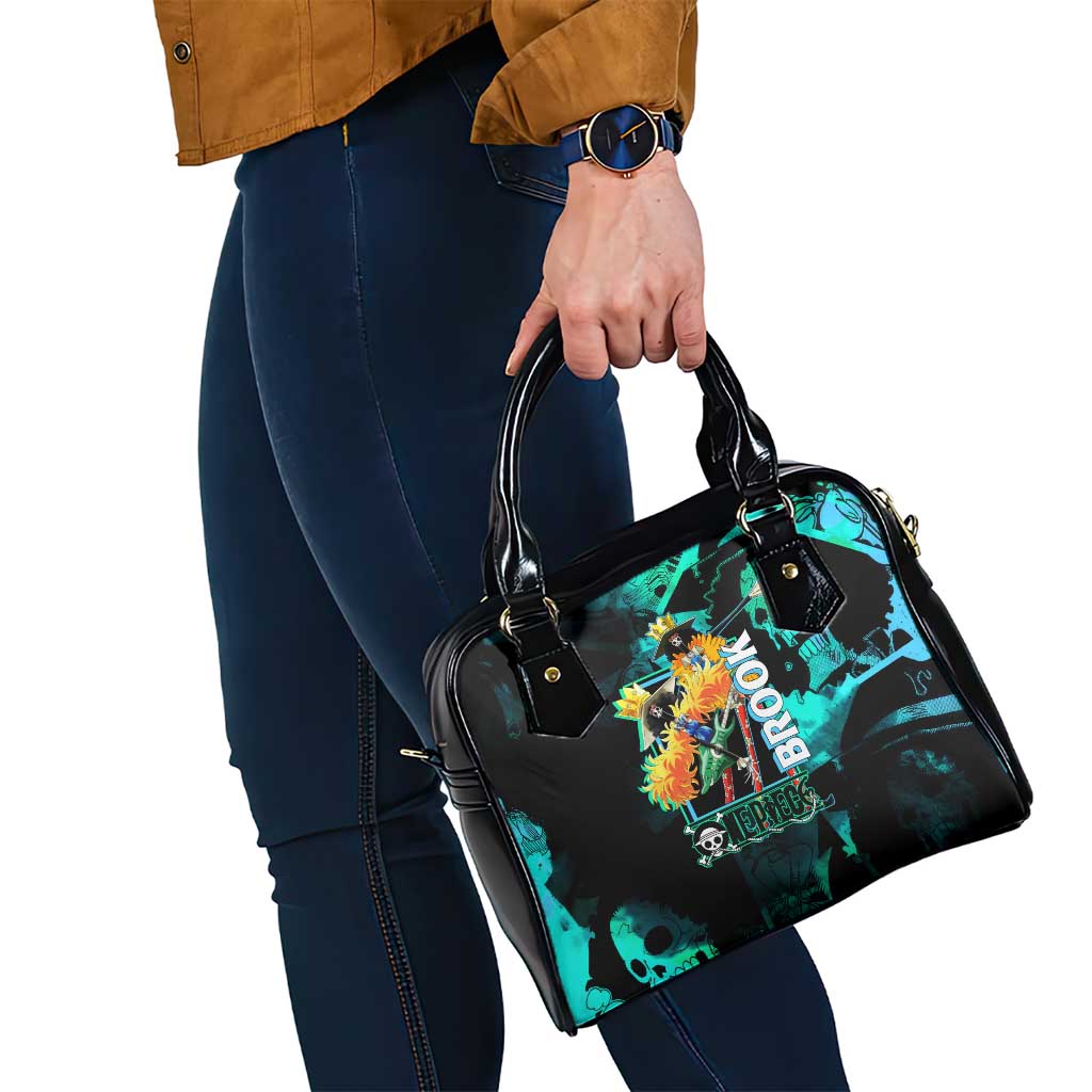 Brook One Piece Green and Black Theme Shoulder Handbag with Soul King Guitar and Skeleton Jolly Roger Design - The Mazicc
