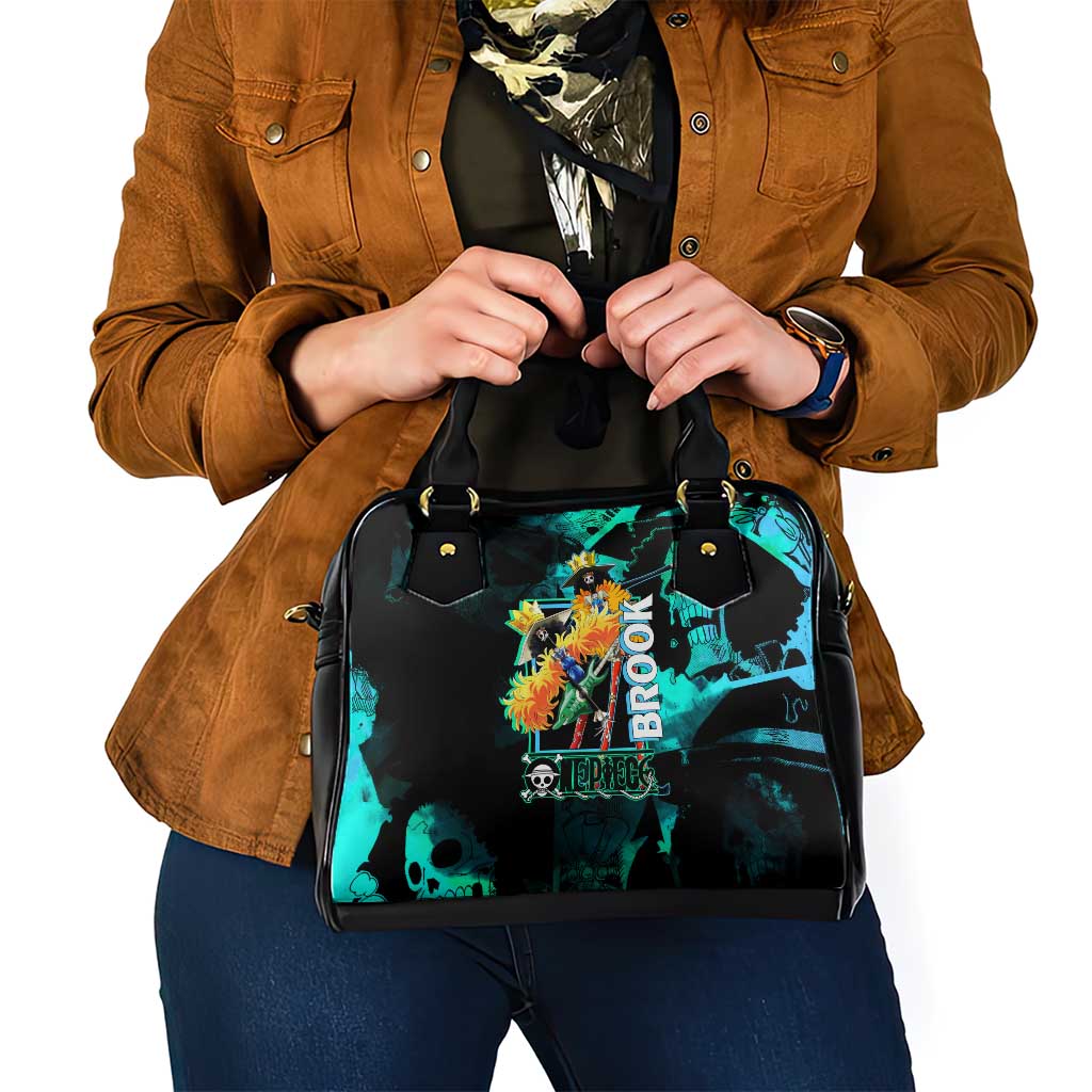 Brook One Piece Green and Black Theme Shoulder Handbag with Soul King Guitar and Skeleton Jolly Roger Design - The Mazicc