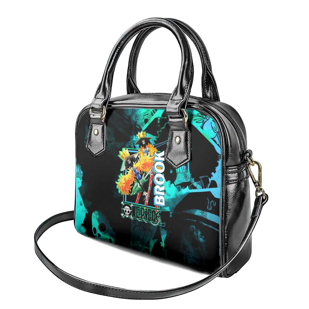 Brook One Piece Green and Black Theme Shoulder Handbag with Soul King Guitar and Skeleton Jolly Roger Design - The Mazicc