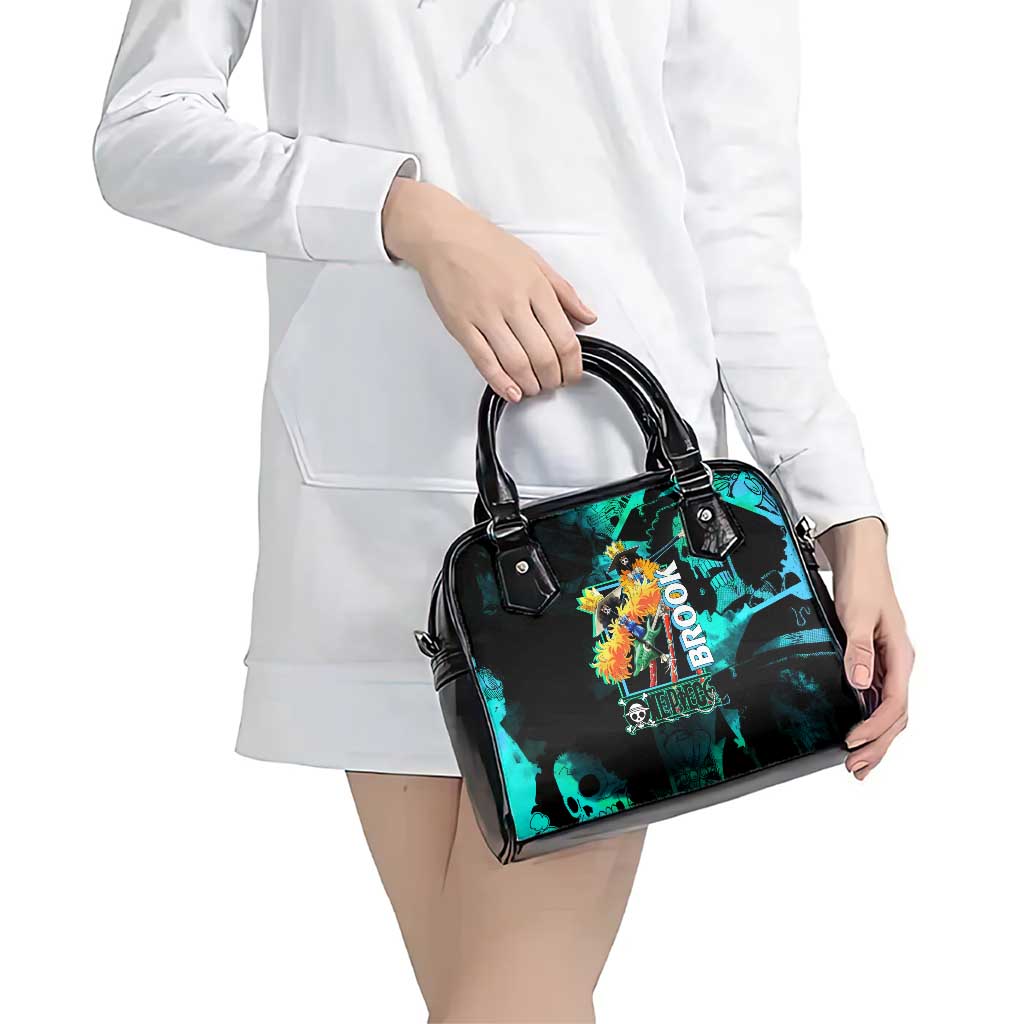 Brook One Piece Green and Black Theme Shoulder Handbag with Soul King Guitar and Skeleton Jolly Roger Design - The Mazicc
