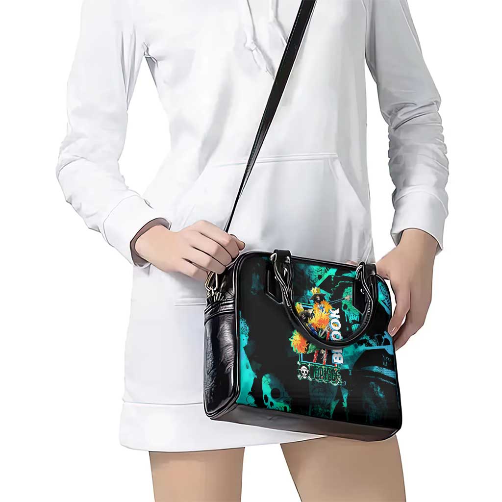 Brook One Piece Green and Black Theme Shoulder Handbag with Soul King Guitar and Skeleton Jolly Roger Design - The Mazicc