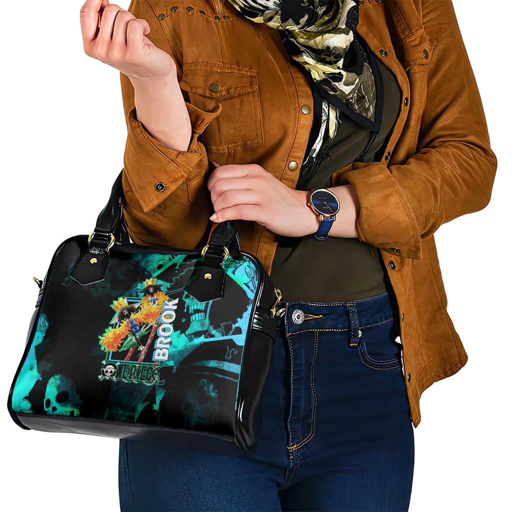 Brook One Piece Green and Black Theme Shoulder Handbag with Soul King Guitar and Skeleton Jolly Roger Design - The Mazicc