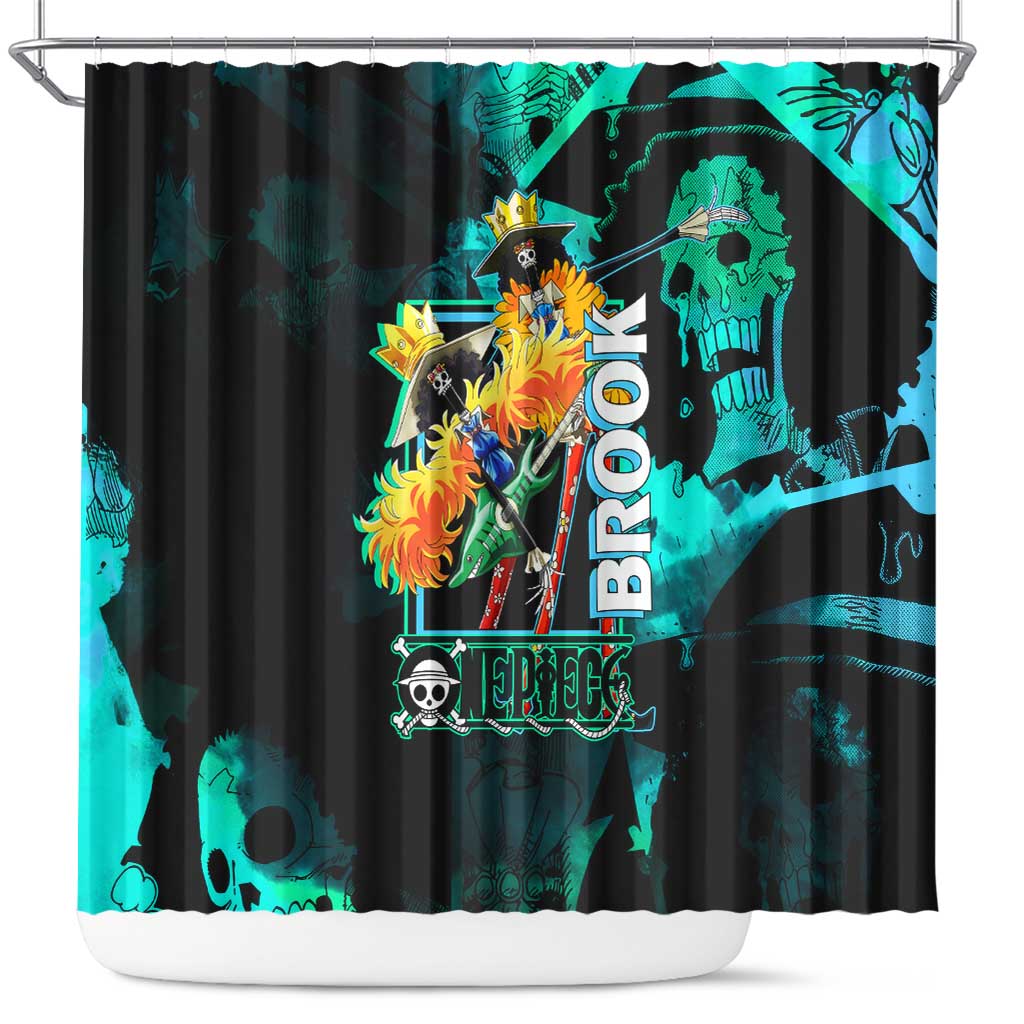 Brook One Piece Green and Black Theme Shower Curtain with Soul King Guitar and Skeleton Jolly Roger Design - The Mazicc