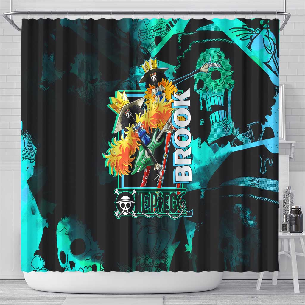 Brook One Piece Green and Black Theme Shower Curtain with Soul King Guitar and Skeleton Jolly Roger Design - The Mazicc