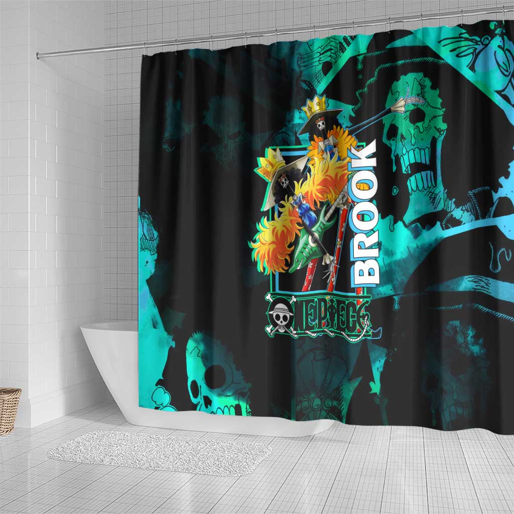 Brook One Piece Green and Black Theme Shower Curtain with Soul King Guitar and Skeleton Jolly Roger Design - The Mazicc