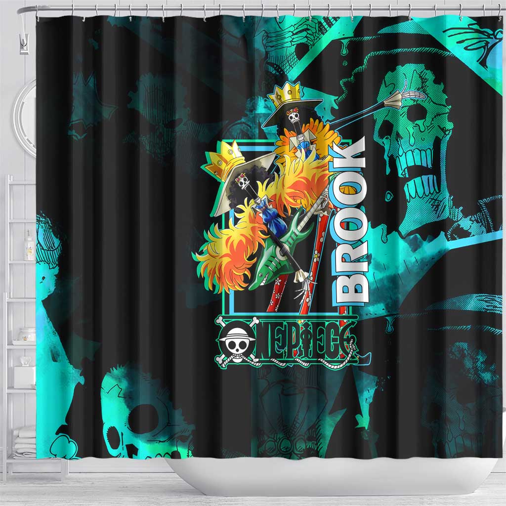 Brook One Piece Green and Black Theme Shower Curtain with Soul King Guitar and Skeleton Jolly Roger Design - The Mazicc