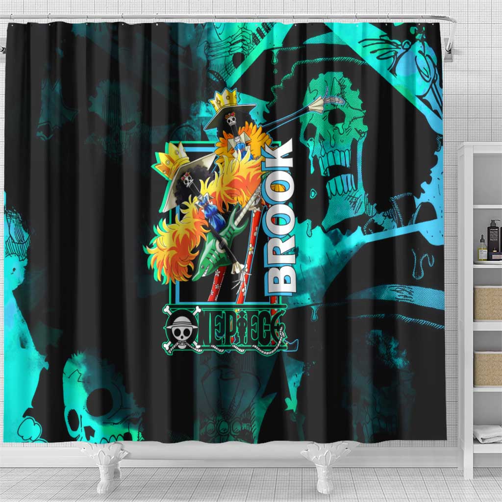 Brook One Piece Green and Black Theme Shower Curtain with Soul King Guitar and Skeleton Jolly Roger Design - The Mazicc
