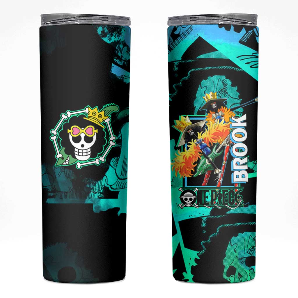 Brook One Piece Green and Black Theme Skinny Tumbler with Soul King Guitar and Skeleton Jolly Roger Design - The Mazicc