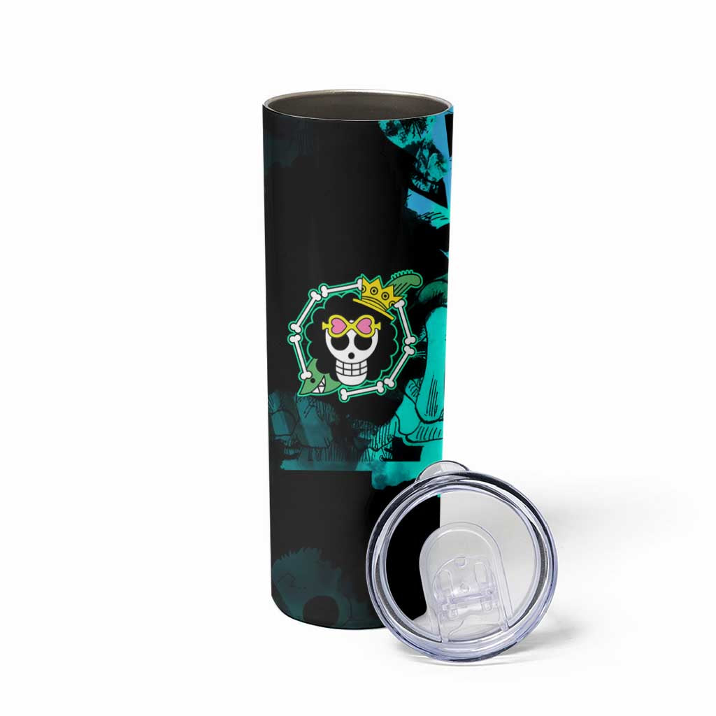Brook One Piece Green and Black Theme Skinny Tumbler with Soul King Guitar and Skeleton Jolly Roger Design - The Mazicc