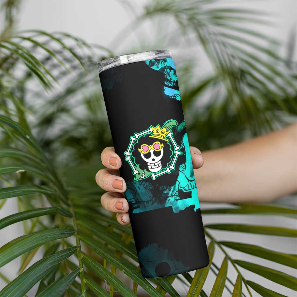 Brook One Piece Green and Black Theme Skinny Tumbler with Soul King Guitar and Skeleton Jolly Roger Design - The Mazicc