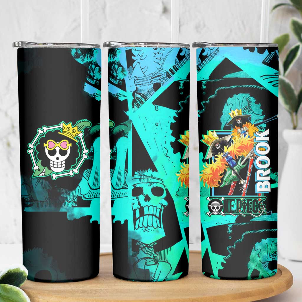 Brook One Piece Green and Black Theme Skinny Tumbler with Soul King Guitar and Skeleton Jolly Roger Design - The Mazicc