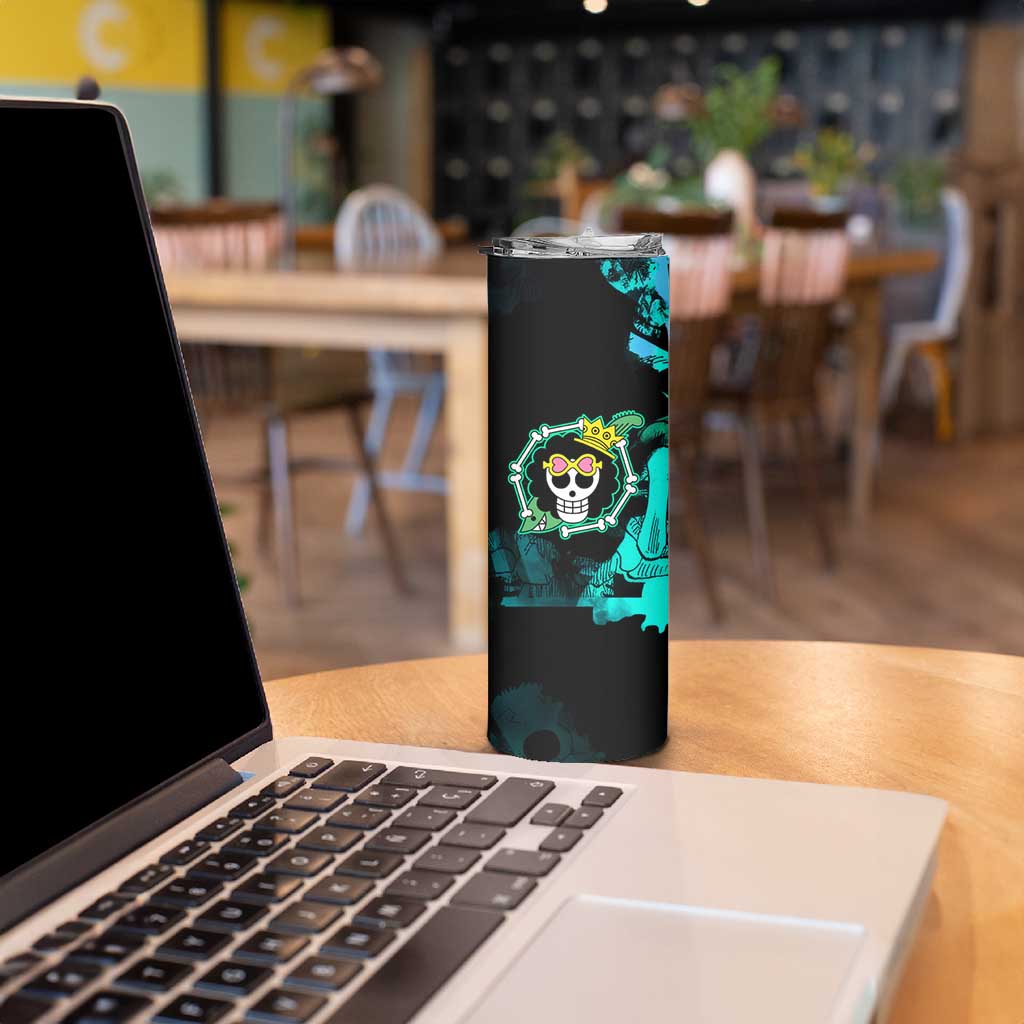 Brook One Piece Green and Black Theme Skinny Tumbler with Soul King Guitar and Skeleton Jolly Roger Design - The Mazicc