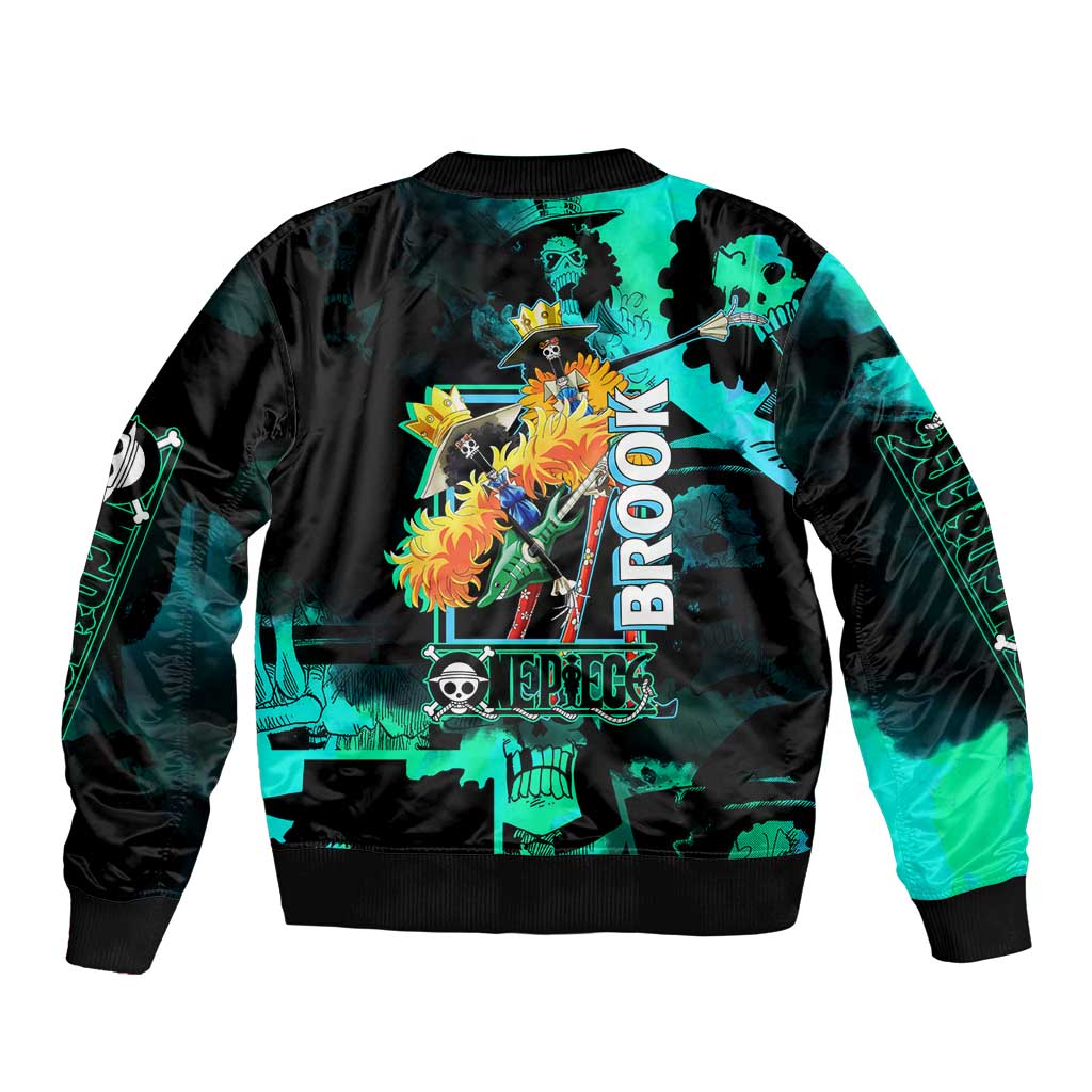 Brook One Piece Green and Black Theme Sleeve Zip Bomber Jacket with Soul King Guitar and Skeleton Jolly Roger Design - The Mazicc