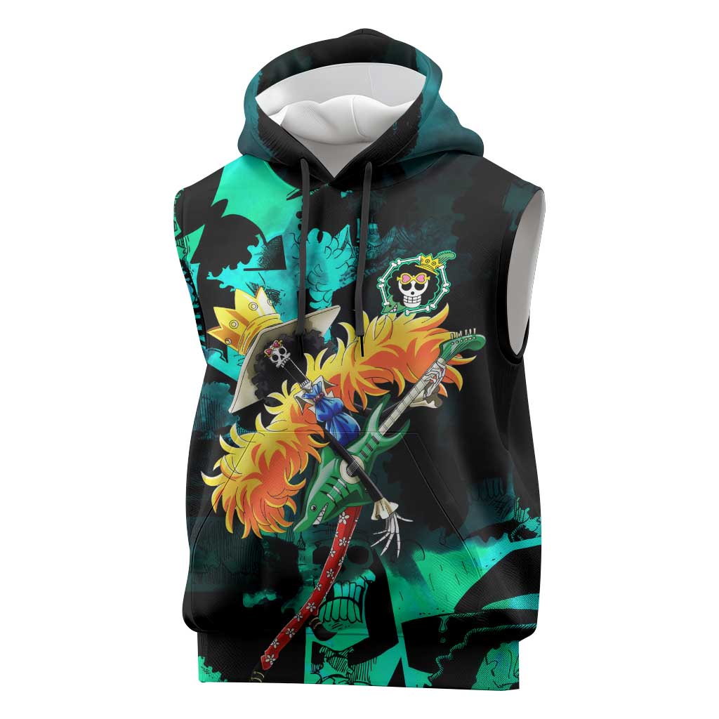 Brook One Piece Green and Black Theme Sleeveless Hoodie with Soul King Guitar and Skeleton Jolly Roger Design - The Mazicc