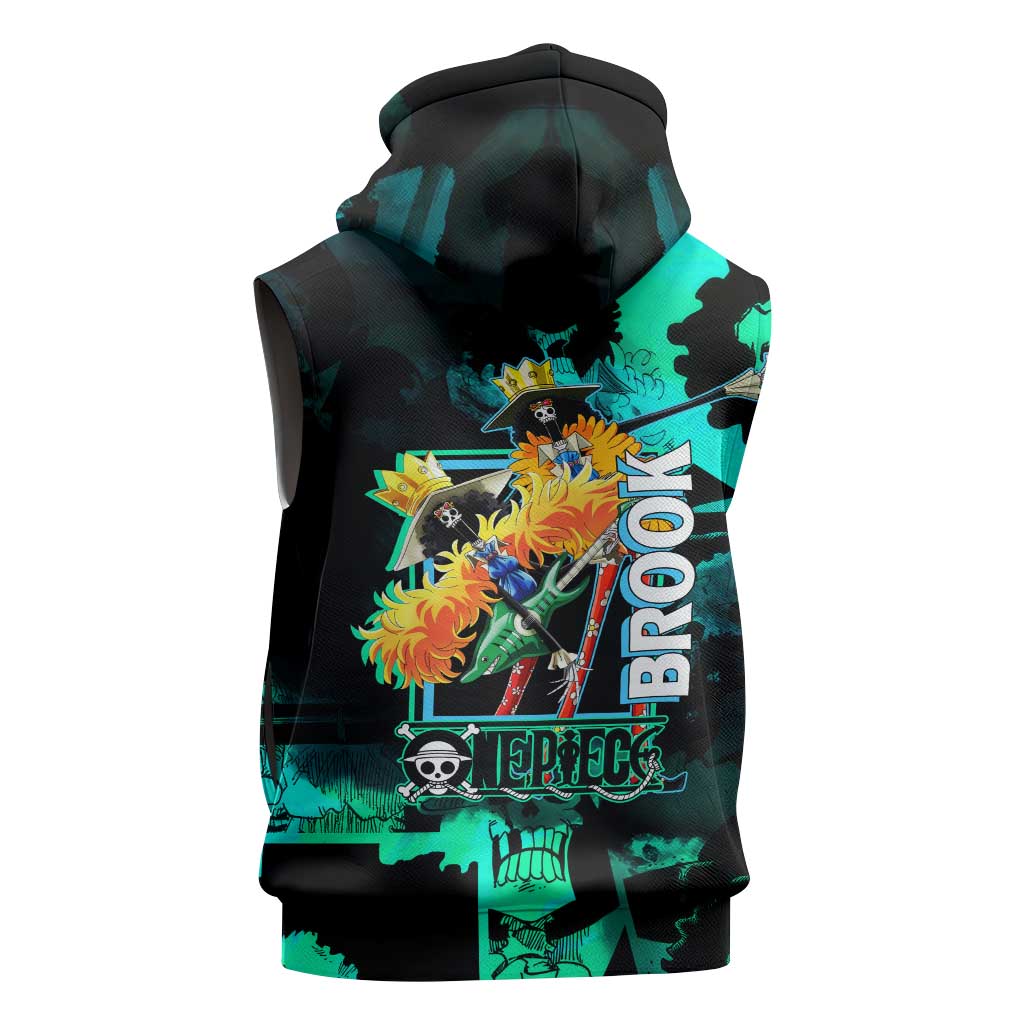 Brook One Piece Green and Black Theme Sleeveless Hoodie with Soul King Guitar and Skeleton Jolly Roger Design - The Mazicc