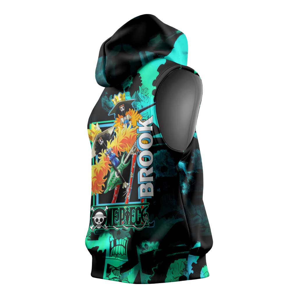 Brook One Piece Green and Black Theme Sleeveless Hoodie with Soul King Guitar and Skeleton Jolly Roger Design - The Mazicc