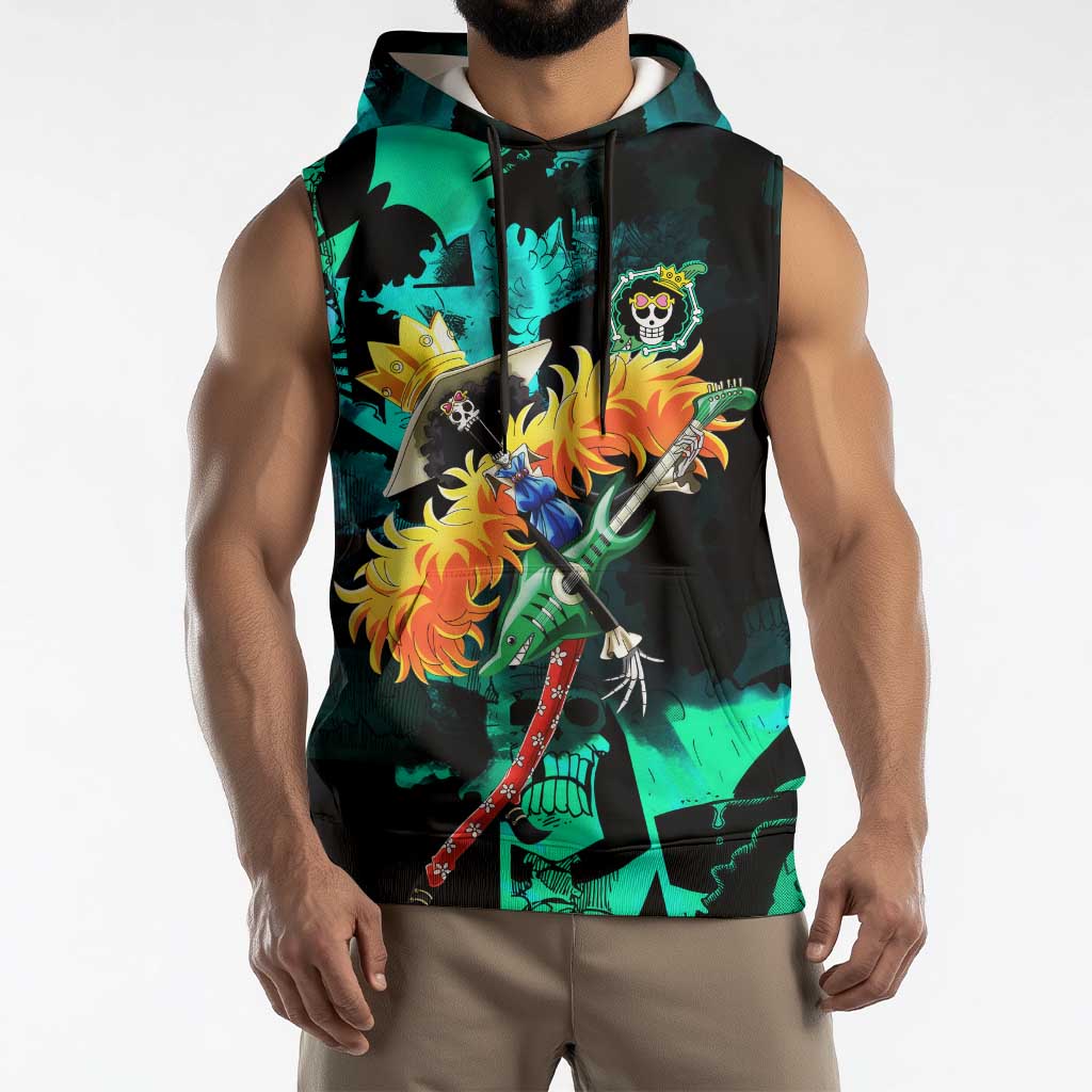Brook One Piece Green and Black Theme Sleeveless Hoodie with Soul King Guitar and Skeleton Jolly Roger Design - The Mazicc