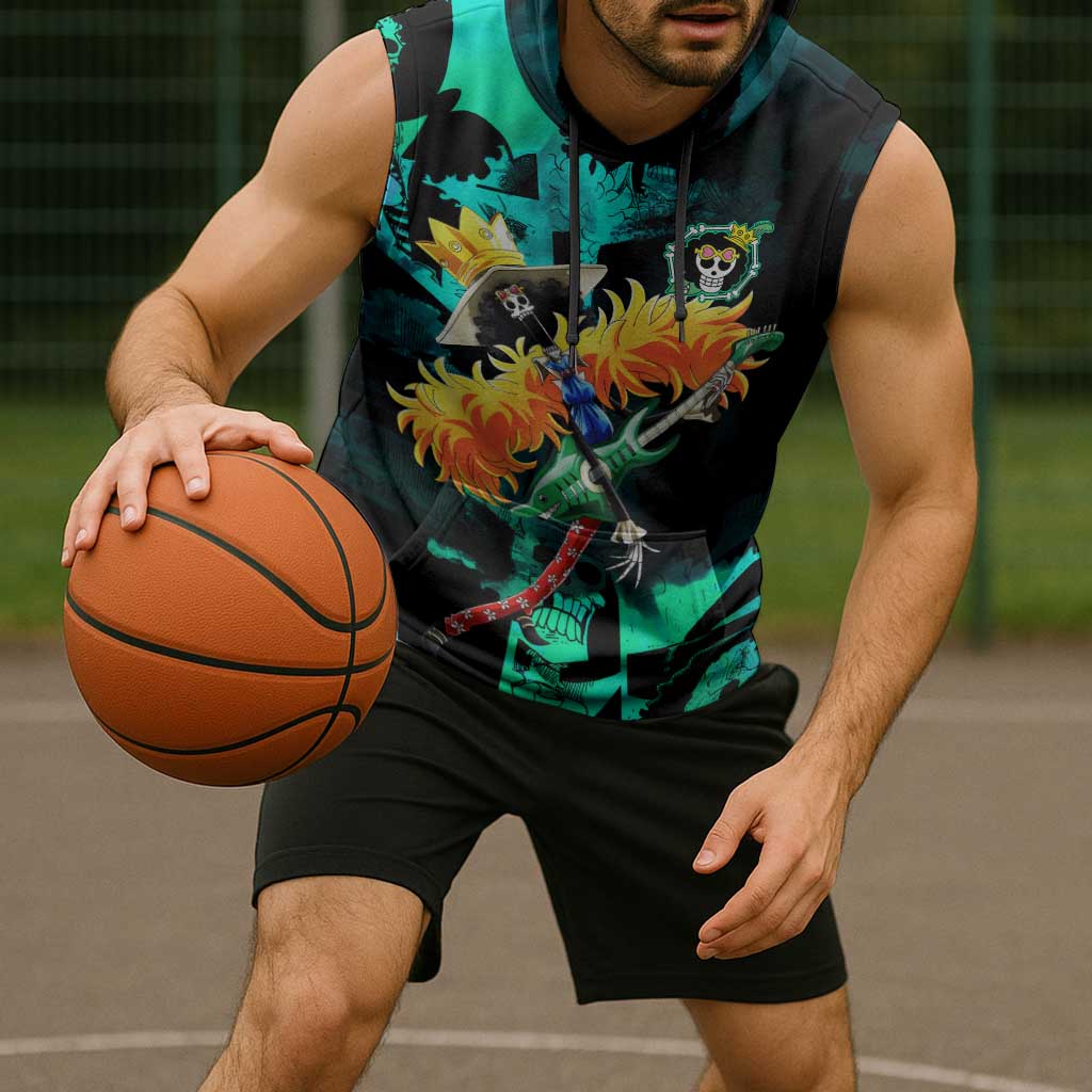 Brook One Piece Green and Black Theme Sleeveless Hoodie with Soul King Guitar and Skeleton Jolly Roger Design - The Mazicc