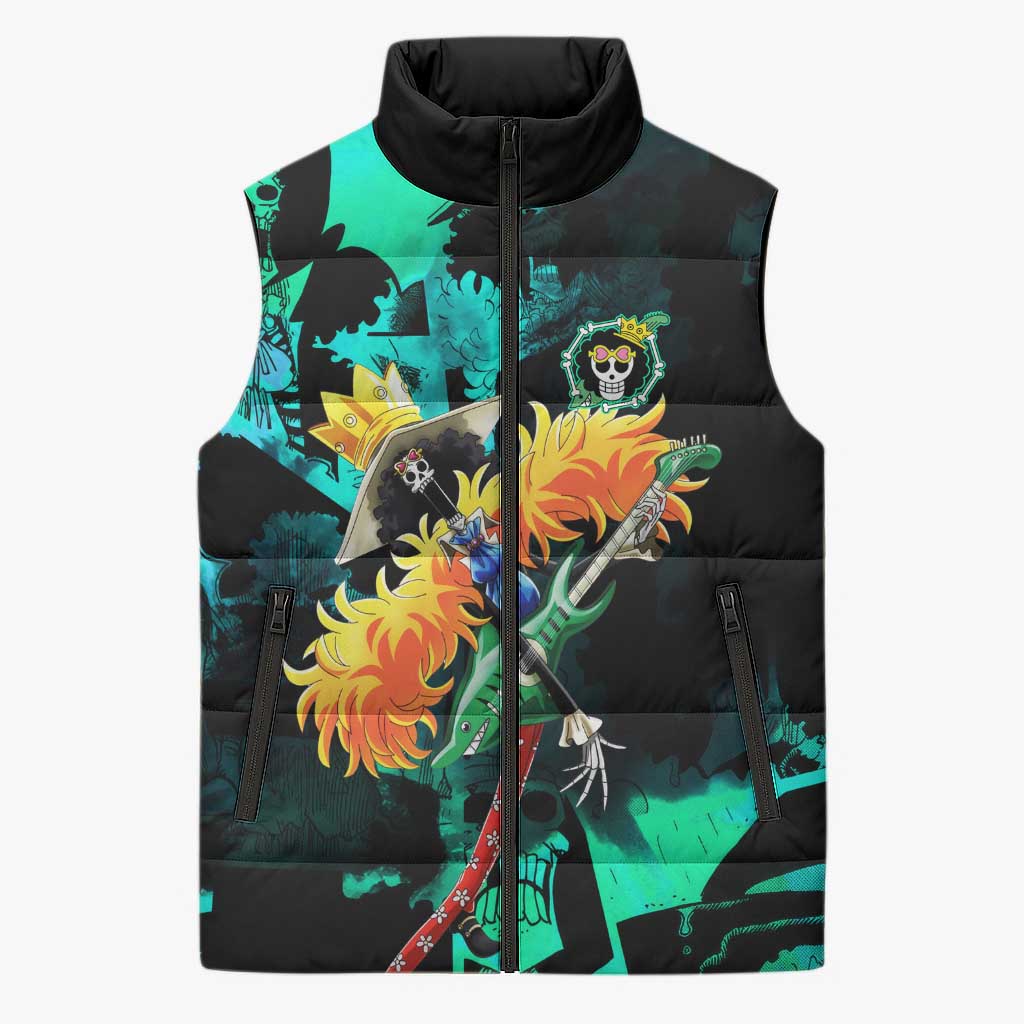 Brook One Piece Green and Black Theme Sleeveless Puffer Jacket with Soul King Guitar and Skeleton Jolly Roger Design - The Mazicc