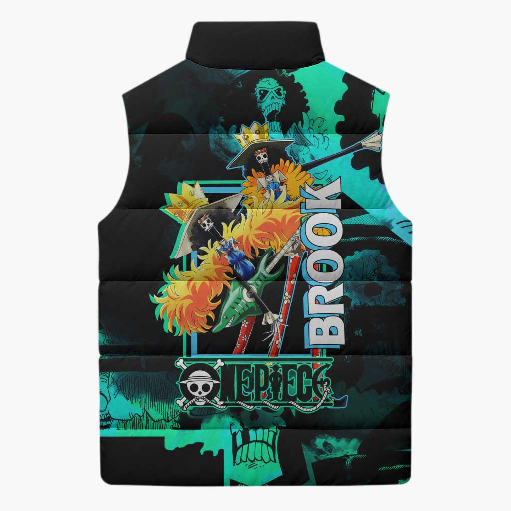 Brook One Piece Green and Black Theme Sleeveless Puffer Jacket with Soul King Guitar and Skeleton Jolly Roger Design - The Mazicc