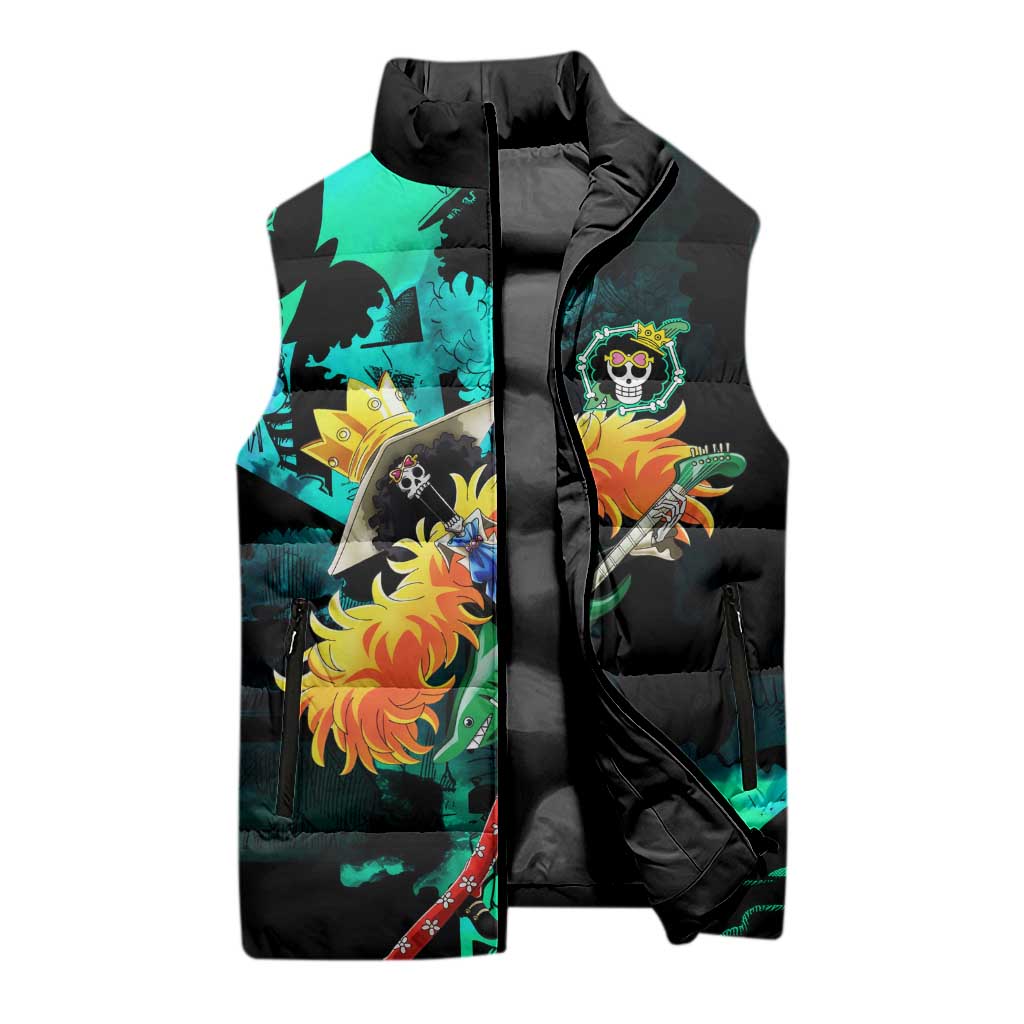 Brook One Piece Green and Black Theme Sleeveless Puffer Jacket with Soul King Guitar and Skeleton Jolly Roger Design - The Mazicc