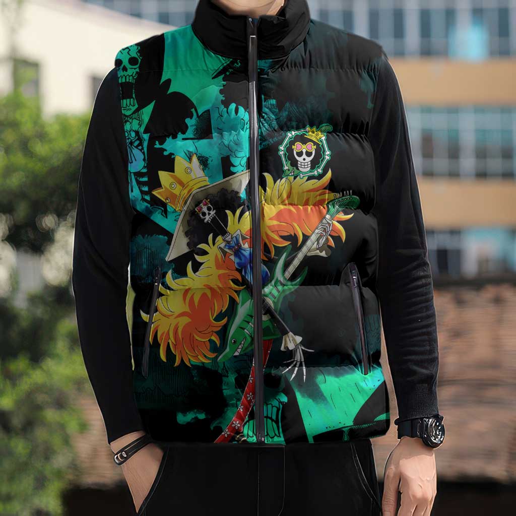 Brook One Piece Green and Black Theme Sleeveless Puffer Jacket with Soul King Guitar and Skeleton Jolly Roger Design - The Mazicc