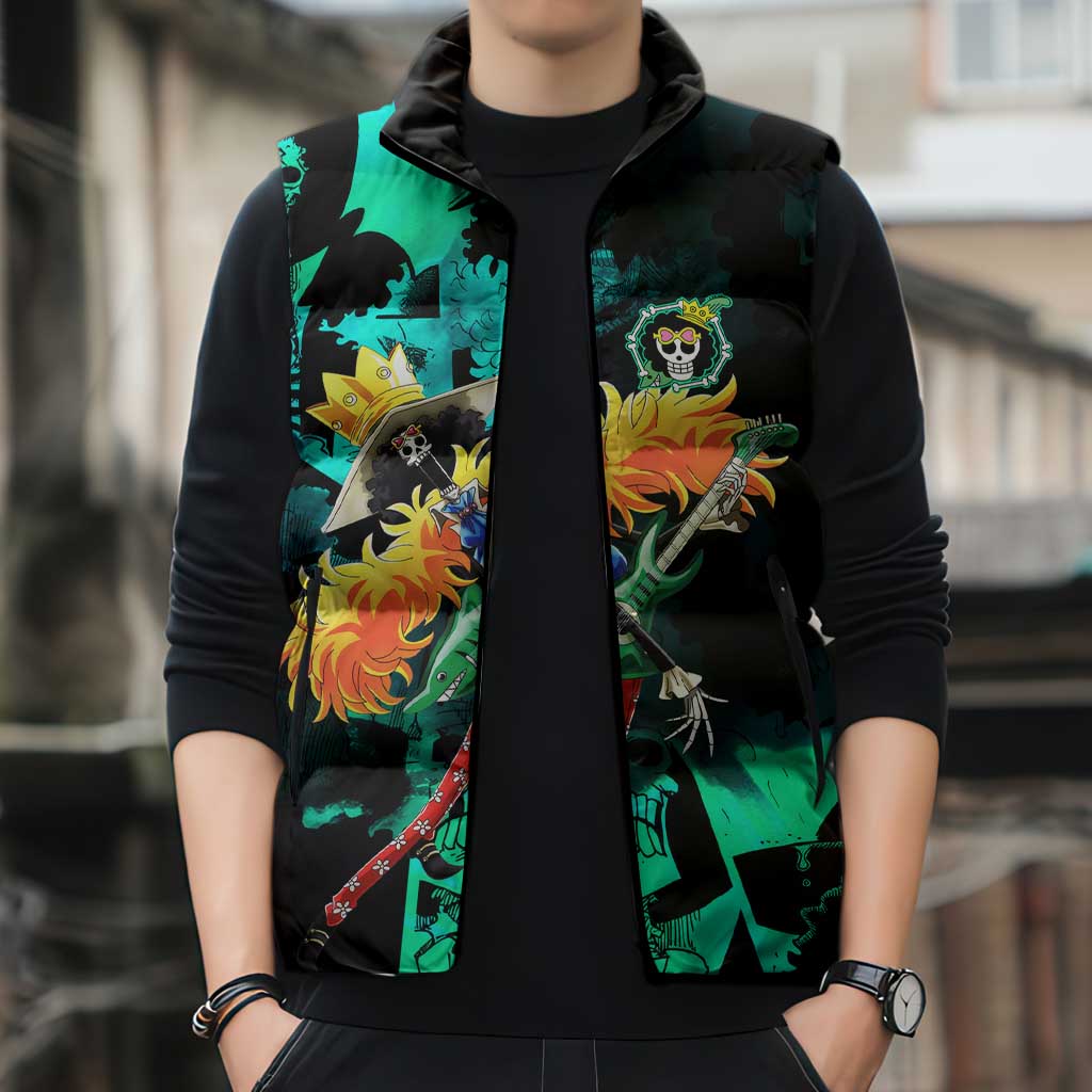 Brook One Piece Green and Black Theme Sleeveless Puffer Jacket with Soul King Guitar and Skeleton Jolly Roger Design - The Mazicc