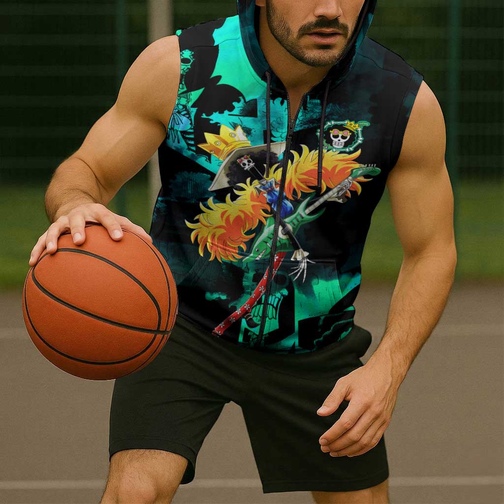 Brook One Piece Green and Black Theme Sleeveless Zip Hoodie with Soul King Guitar and Skeleton Jolly Roger Design - The Mazicc