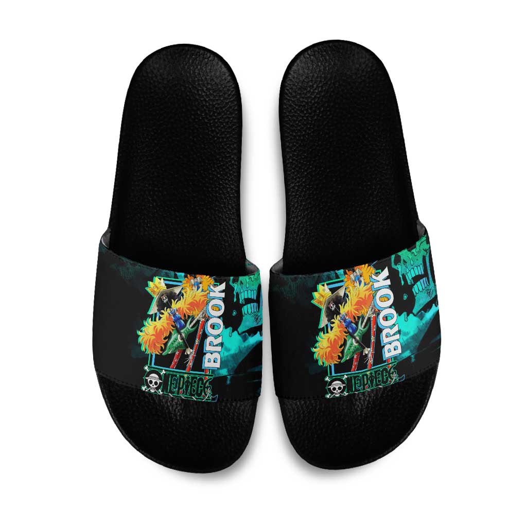 Brook One Piece Green and Black Theme Slide Sandals with Soul King Guitar and Skeleton Jolly Roger Design - The Mazicc