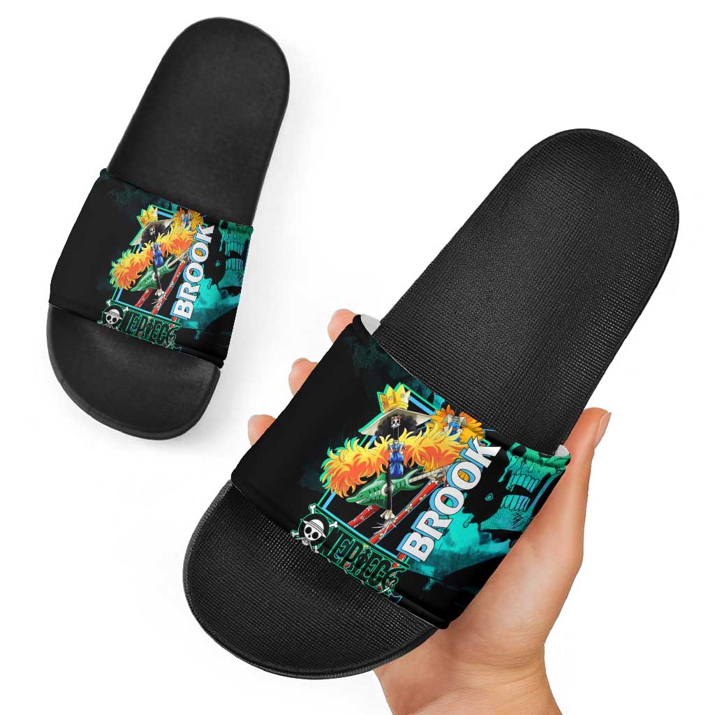 Brook One Piece Green and Black Theme Slide Sandals with Soul King Guitar and Skeleton Jolly Roger Design - The Mazicc
