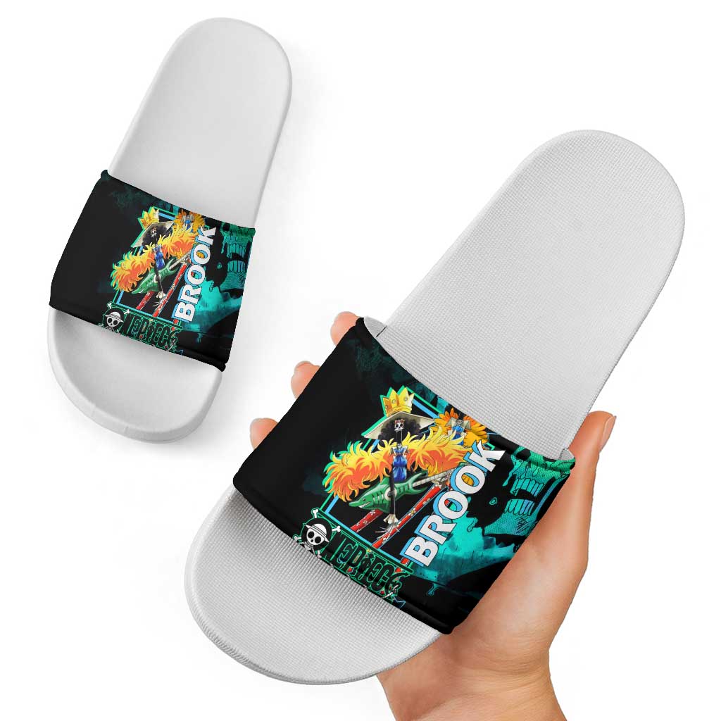 Brook One Piece Green and Black Theme Slide Sandals with Soul King Guitar and Skeleton Jolly Roger Design - The Mazicc