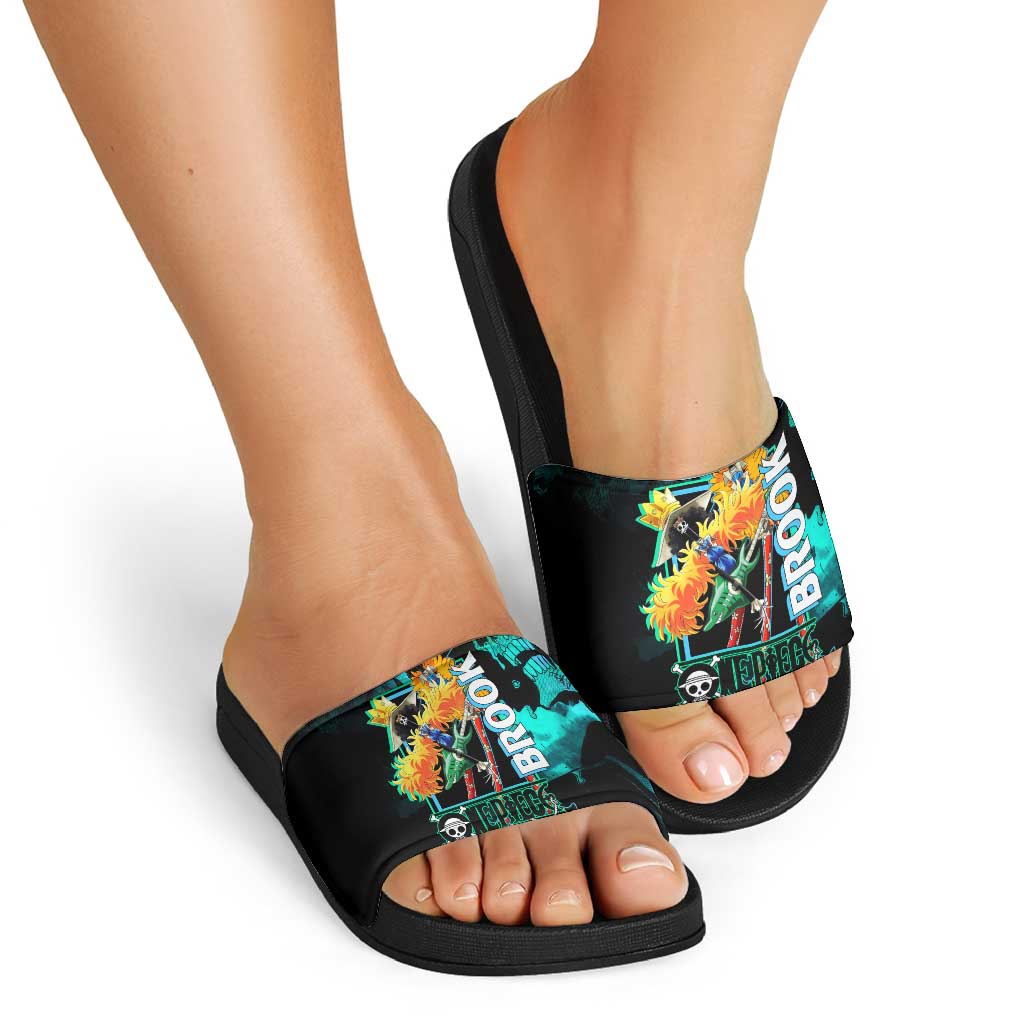 Brook One Piece Green and Black Theme Slide Sandals with Soul King Guitar and Skeleton Jolly Roger Design - The Mazicc